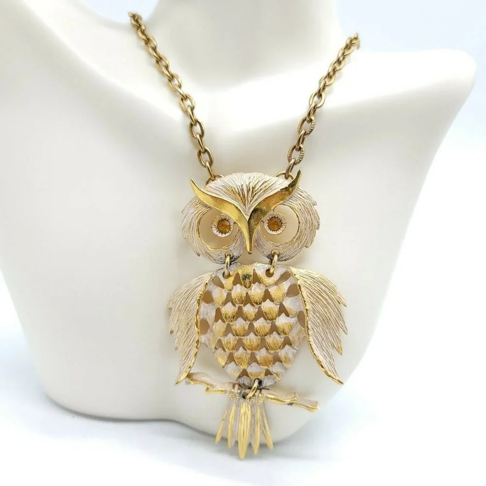Crested Owl Pendant Chain Necklace White Enamel Bo